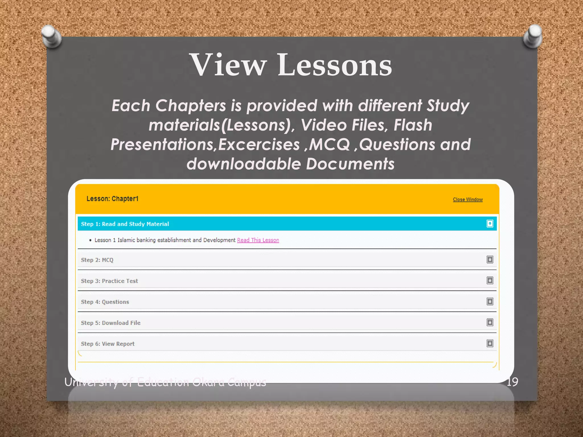 View Lessons
Each Chapters is provided with different Study
materials(Lessons), Video Files, Flash
Presentations,Excercises ,MCQ ,Questions and
downloadable Documents
University of Education Okara Campus 19
 