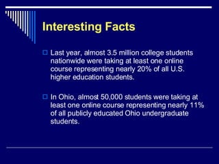 Interesting Facts Last year, almost 3.5 million college students nationwide were taking at least one online course representing nearly 20% of all U.S. higher education students.  In Ohio, almost 50,000 students were taking at least one online course representing nearly 11% of all publicly educated Ohio undergraduate students. 