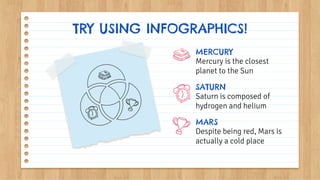 TRY USING INFOGRAPHICS!
Mercury is the closest
planet to the Sun
SATURN
Saturn is composed of
hydrogen and helium
MARS
Despite being red, Mars is
actually a cold place
MERCURY
 