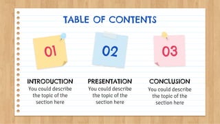 TABLE OF CONTENTS
You could describe
the topic of the
section here
You could describe
the topic of the
section here
You could describe
the topic of the
section here
INTRODUCTION CONCLUSION
PRESENTATION
03
 