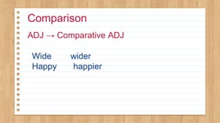 Comparison
ADJ → Comparative ADJ
Wide wider
Happy happier
 