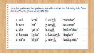 In order to discuss this problem, we will consider the following data from
Central Yup’ik) (Reed et al,1977:99):
 