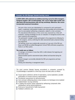 The companies that have understood this problem use distance learning as an ally
     to achieve the transformation of the manager into coach or trainer. The innovative
     practices which make up the most important part of workplace learning rely on:

     ■   Self-learning being available at all times and adapted in a tailored way to the
         participant’s real needs thanks to well-designed modular resources and
     ■   Managerial support.

     In these systems:
     ■   Managers take charge of their staff’s improvement in skills
     ■   Managers are directly involved in their learning
     ■   The learning feeds and maintains the dialogue between managers and staff
     ■   Whereas before managers were a little lost when asked to play the teaching
         role, they now find support in distance learning which frees them from educa-
         tional challenges while at the same time increases the standing of their role as
         coaches.

     Managers do not rely exclusively on HR and programmes to improve the skills of their
     staff. They are asked to invest time and energy actively in the improvement of their
     employees’ capabilities. Their annual appraisal may take this issue into account.


     Example 1: supported learning by managers at Altadis France

     The sales managers in the principal division of Altadis in France have access to a self-
     learning portal used in these ways:
     ■   Free access, depending on their individual needs which they do not necessarily
         report to their hierarchy
     ■   Following individualised programmes worked out with their manager according to
         the progress plans defined at the moment of their evaluation interview and during
         their present activity
     ■   The platform interface allows participants to know exactly where they are in the
         programme progression. This same information is more importantly available to
         their managers who can follow their colleagues’ advancement. The participants’
         managers can thus chase them up if necessary. It is worth noting that managers
         do not have access to the “free” modules chosen by their staff.

     After one year, the results are as follows:
     ■ 5% of subscribers are connected
     ■ All managers have recommended the course to their staff
     ■ The average session duration is  hours  minutes per person. An average of
        five self-learning sessions have been attended
     ■ Sessions attended by the participants help support learning sessions now
        organised by the managers.




4
 