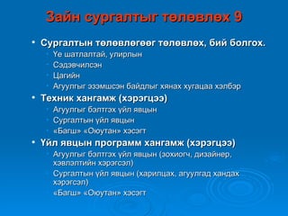 Зайн сургалтыг төлөвлөх 9
   Сургалтын төлөвлөгөөг төлөвлөх, бий болгох.
     •   Үе шатлалтай, улирлын
     •   Сэдэвчилсэн
     •   Цагийн
     •   Агуулгыг эзэмшсэн байдлыг хянах хугацаа хэлбэр
   Техник хангамж (хэрэгцээ)
     • Агуулгыг бэлтгэх үйл явцын
     • Сургалтын үйл явцын
     • «Багш» «Оюутан» хэсэгт
   Үйл явцын программ хангамж (хэрэгцээ)
     • Агуулгыг бэлтгэх үйл явцын (зохиогч, дизайнер,
       хэвлэлтийн хэрэгсэл)
     • Сургалтын үйл явцын (харилцах, агуулгад хандах
       хэрэгсэл)
     • «Багш» «Оюутан» хэсэгт
 