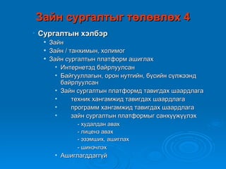 Зайн сургалтыг төлөвлөх 4
• Сургалтын хэлбэр
     Зайн
     Зайн / танхимын, холимог
     Зайн сургалтын платформ ашиглах
        • Интернетэд байрлуулсан
        • Байгууллагын, орон нутгийн, бүсийн сүлжээнд
          байрлуулсан
        • Зайн сургалтын платформд тавигдах шаардлага
        •     техник хангамжид тавигдах шаардлага
        •     программ хангамжид тавигдах шаардлага
        •     зайн сургалтын платформыг санхүүжүүлэх
              - худалдан авах
              - лиценз авах
              - эзэмших, ашиглах
              - шинэчлэх
       • Ашиглагддаггүй
 
