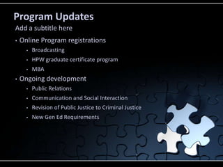 Program Updates
Add a subtitle here
•   Online Program registrations
      •   Broadcasting
      •   HPW graduate certificate program
      •   MBA
•   Ongoing development
      •   Public Relations
      •   Communication and Social Interaction
      •   Revision of Public Justice to Criminal Justice
      •   New Gen Ed Requirements
 