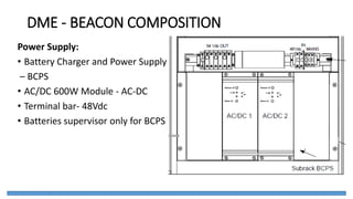 DME - BEACON COMPOSITION
Power Supply:
• Battery Charger and Power Supply
– BCPS
• AC/DC 600W Module - AC-DC
• Terminal bar- 48Vdc
• Batteries supervisor only for BCPS
 