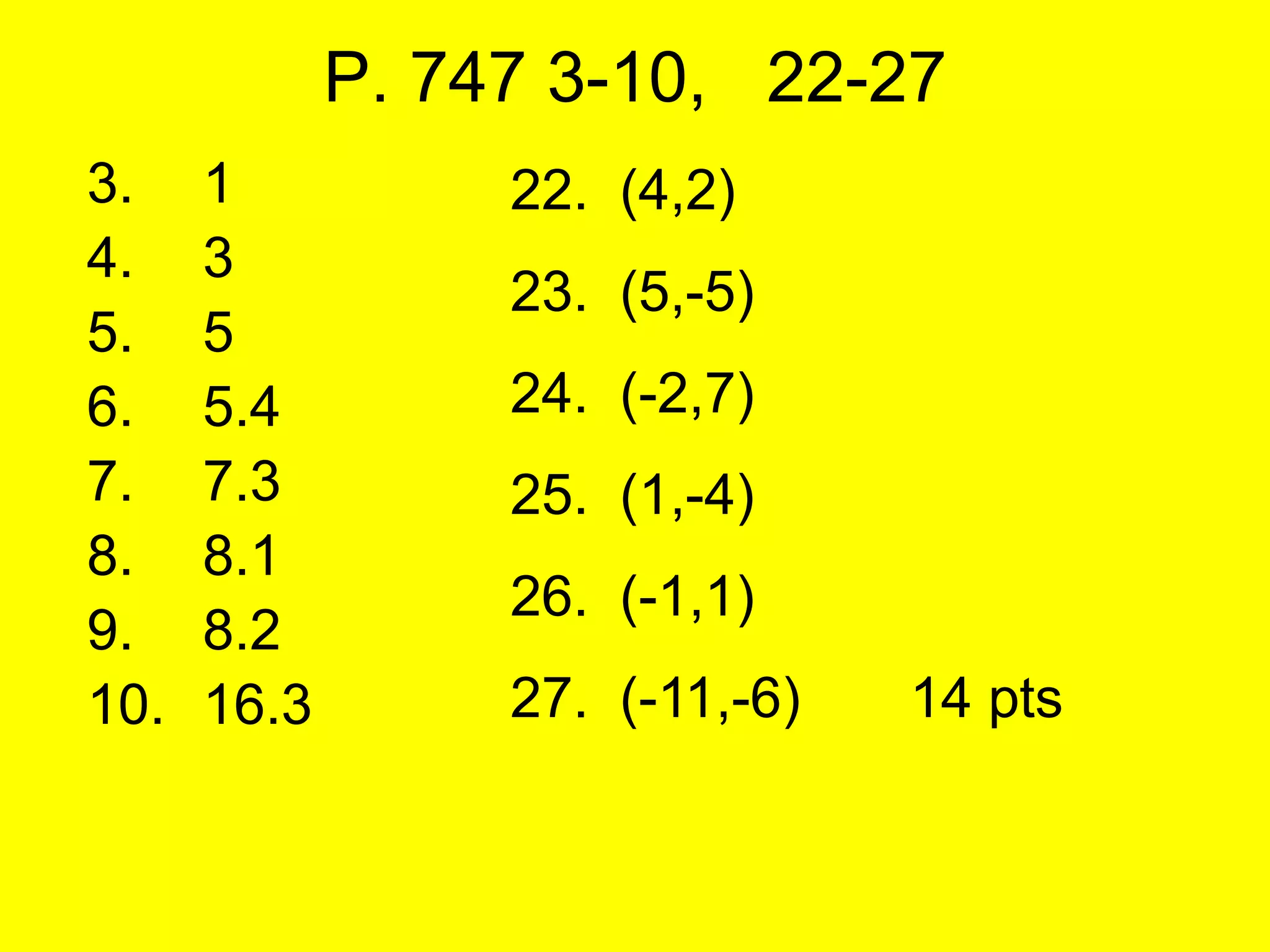 P. 747 3-10, 22-27
3.    1           22. (4,2)
4.    3
                  23. (5,-5)
5.    5
6.    5.4         24. (-2,7)
7.    7.3         25. (1,-4)
8.    8.1
                  26. (-1,1)
9.    8.2
10.   16.3        27. (-11,-6)   14 pts
 