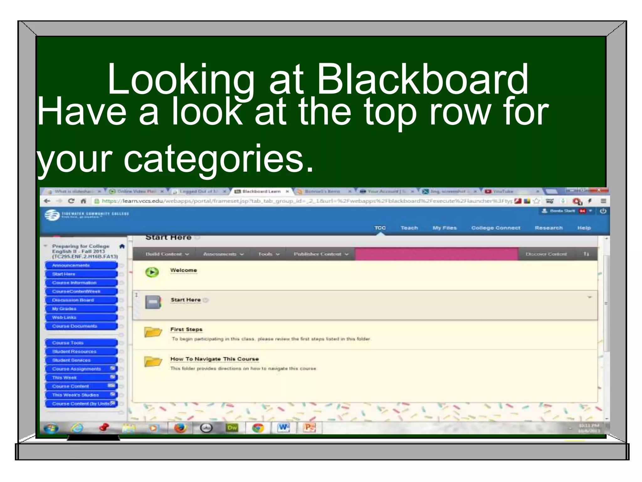 Looking at Blackboard
Have a look at the top row for
your categories.
 