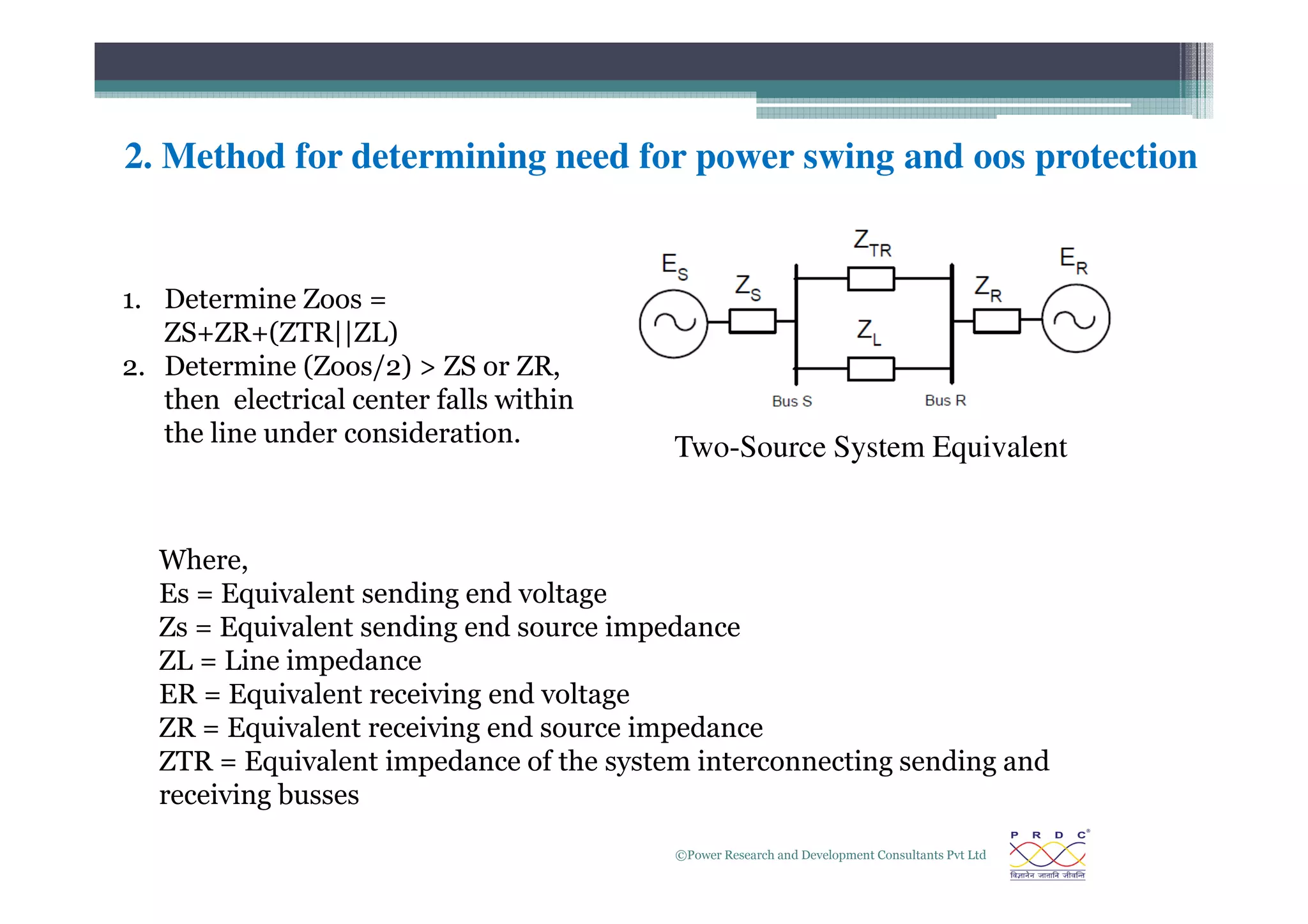 2. Method for determining need for power swing and oos protection
Two-Source System Equivalent
1. Determine Zoos =
ZS+ZR+(ZTR||ZL)
2. Determine (Zoos/2)  ZS or ZR,
then electrical center falls within
the line under consideration.
©Power Research and Development Consultants Pvt Ltd
23
Two-Source System Equivalent
Where,
Es = Equivalent sending end voltage
Zs = Equivalent sending end source impedance
ZL = Line impedance
ER = Equivalent receiving end voltage
ZR = Equivalent receiving end source impedance
ZTR = Equivalent impedance of the system interconnecting sending and
receiving busses
 