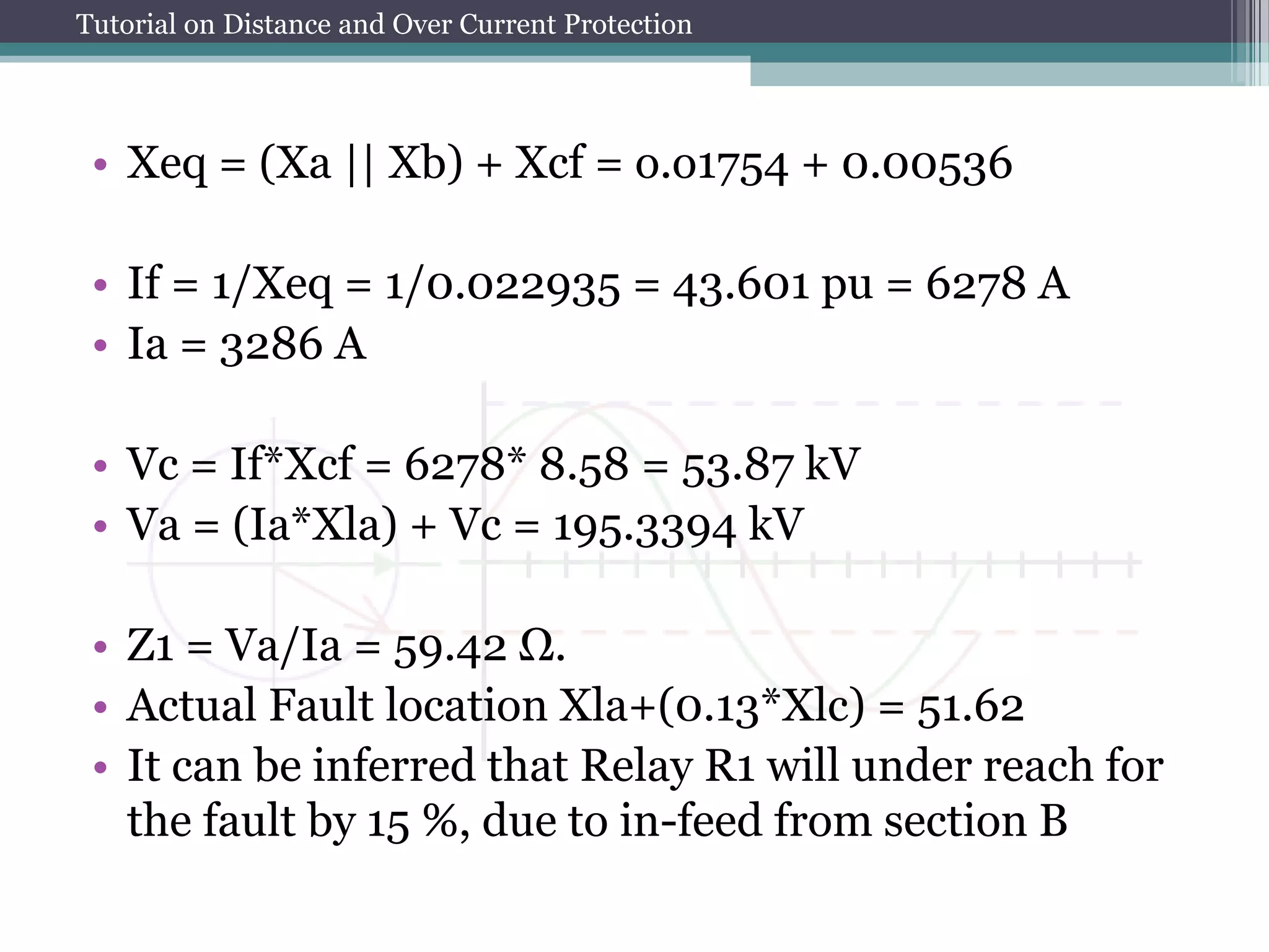 Tutorial on Distance and Over Current Protection
• Xeq = (Xa || Xb) + Xcf = o.o1754 + 0.00536
• If = 1/Xeq = 1/0.022935 = 43.601 pu = 6278 A
• Ia = 3286 A
• Vc = If*Xcf = 6278* 8.58 = 53.87 kV
• Va = (Ia*Xla) + Vc = 195.3394 kV
• Z1 = Va/Ia = 59.42 Ω.
• Actual Fault location Xla+(0.13*Xlc) = 51.62
• It can be inferred that Relay R1 will under reach for
the fault by 15 %, due to in-feed from section B
 