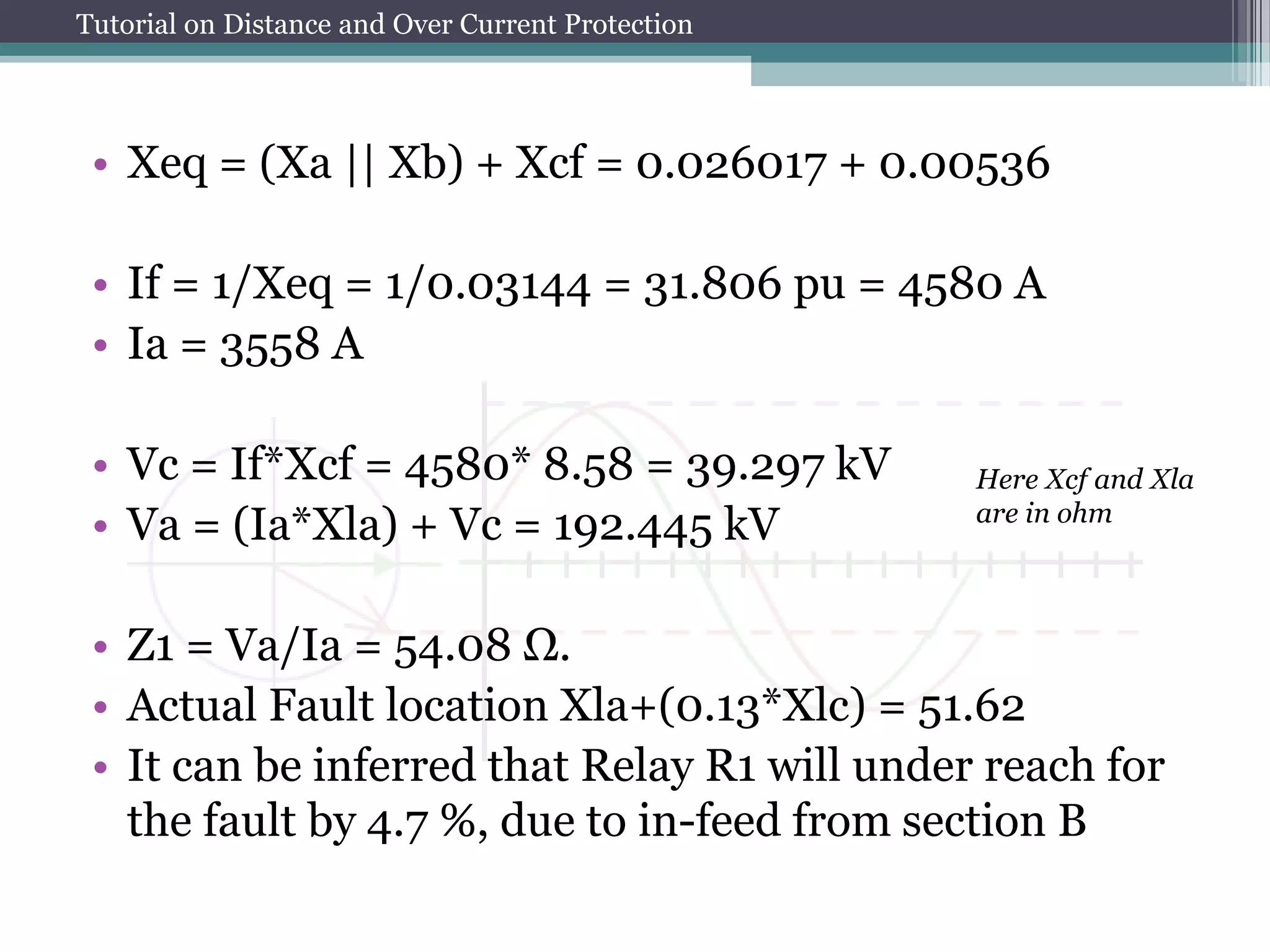 Tutorial on Distance and Over Current Protection
• Xeq = (Xa || Xb) + Xcf = 0.026017 + 0.00536
• If = 1/Xeq = 1/0.03144 = 31.806 pu = 4580 A
• Ia = 3558 A
• Vc = If*Xcf = 4580* 8.58 = 39.297 kV
• Va = (Ia*Xla) + Vc = 192.445 kV
• Z1 = Va/Ia = 54.08 Ω.
• Actual Fault location Xla+(0.13*Xlc) = 51.62
• It can be inferred that Relay R1 will under reach for
the fault by 4.7 %, due to in-feed from section B
Here Xcf and Xla
are in ohm
 