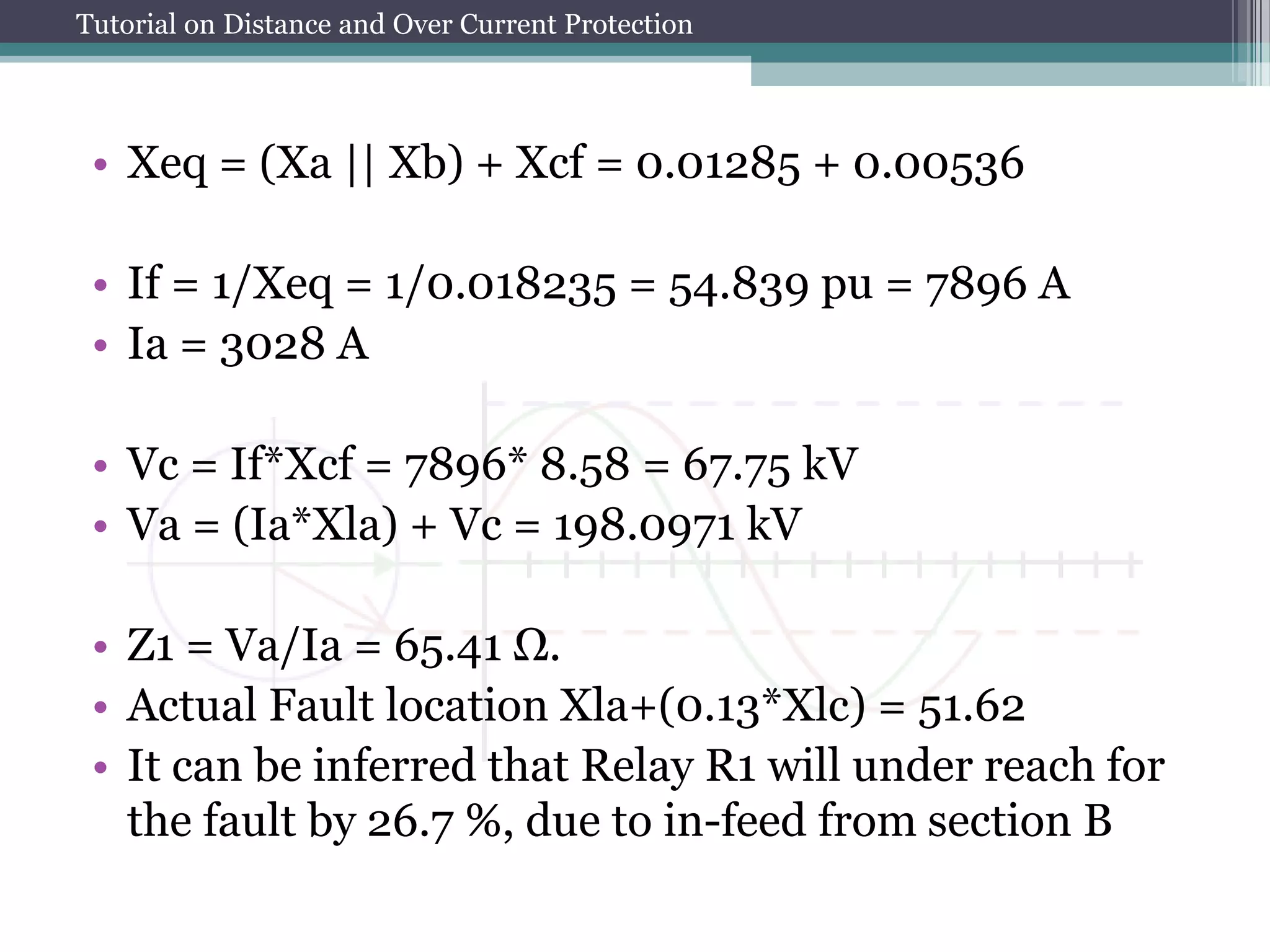 Tutorial on Distance and Over Current Protection
• Xeq = (Xa || Xb) + Xcf = 0.01285 + 0.00536
• If = 1/Xeq = 1/0.018235 = 54.839 pu = 7896 A
• Ia = 3028 A
• Vc = If*Xcf = 7896* 8.58 = 67.75 kV
• Va = (Ia*Xla) + Vc = 198.0971 kV
• Z1 = Va/Ia = 65.41 Ω.
• Actual Fault location Xla+(0.13*Xlc) = 51.62
• It can be inferred that Relay R1 will under reach for
the fault by 26.7 %, due to in-feed from section B
 