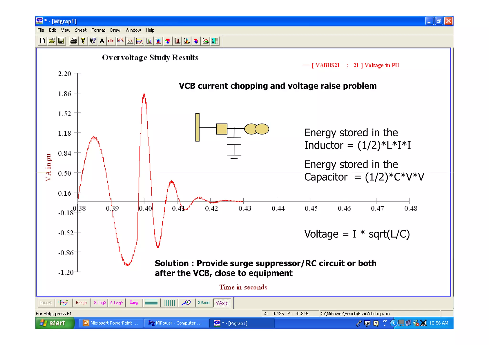 VCB current chopping and voltage raise problem
Energy stored in the
Inductor = (1/2)*L*I*I
Energy stored in the
Capacitor = (1/2)*C*V*V
Power Research  Development Consultants Pvt Ltd.
#36
Capacitor = (1/2)*C*V*V
Voltage = I * sqrt(L/C)
Solution : Provide surge suppressor/RC circuit or both
after the VCB, close to equipment
 