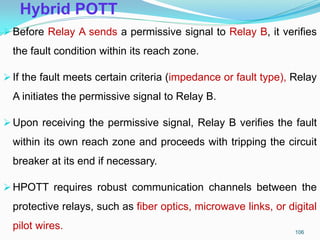 Hybrid POTT
Before Relay A sends a permissive signal to Relay B, it verifies
the fault condition within its reach zone.
If the fault meets certain criteria (impedance or fault type), Relay
A initiates the permissive signal to Relay B.
Upon receiving the permissive signal, Relay B verifies the fault
within its own reach zone and proceeds with tripping the circuit
breaker at its end if necessary.
HPOTT requires robust communication channels between the
protective relays, such as fiber optics, microwave links, or digital
pilot wires. 106
 