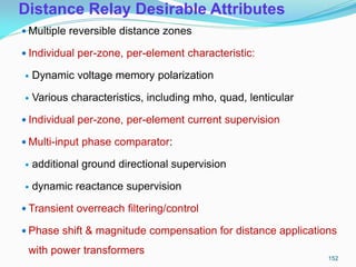 Distance Relay Desirable Attributes
 Multiple reversible distance zones
 Individual per-zone, per-element characteristic:
 Dynamic voltage memory polarization
 Various characteristics, including mho, quad, lenticular
 Individual per-zone, per-element current supervision
 Multi-input phase comparator:
 additional ground directional supervision
 dynamic reactance supervision
 Transient overreach filtering/control
 Phase shift & magnitude compensation for distance applications
with power transformers
152
 