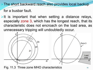 The short backward reach also provides local backup
for a busbar fault.
It is important that when setting a distance relays,
especially zone 3, which has the longest reach, that its
characteristic does not encroach on the load area, as
unnecessary tripping will undoubtedly occur.
16
Fig. 11.3 Three zone MHO characteristics
 