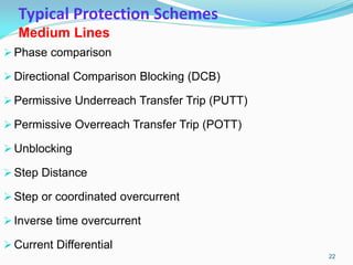 Typical Protection Schemes
Medium Lines
Phase comparison
Directional Comparison Blocking (DCB)
Permissive Underreach Transfer Trip (PUTT)
Permissive Overreach Transfer Trip (POTT)
Unblocking
Step Distance
Step or coordinated overcurrent
Inverse time overcurrent
Current Differential
22
 