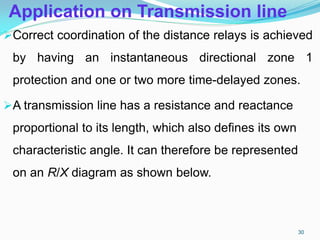 Application on Transmission line
Correct coordination of the distance relays is achieved
by having an instantaneous directional zone 1
protection and one or two more time-delayed zones.
A transmission line has a resistance and reactance
proportional to its length, which also defines its own
characteristic angle. It can therefore be represented
on an R/X diagram as shown below.
30
 