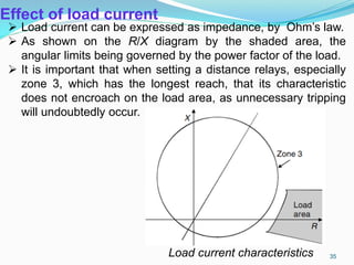 Effect of load current
 Load current can be expressed as impedance, by Ohm’s law.
 As shown on the R/X diagram by the shaded area, the
angular limits being governed by the power factor of the load.
 It is important that when setting a distance relays, especially
zone 3, which has the longest reach, that its characteristic
does not encroach on the load area, as unnecessary tripping
will undoubtedly occur.
Load current characteristics 35
 