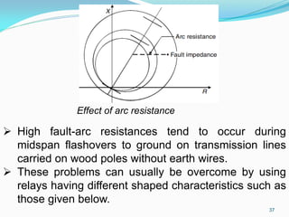 Effect of arc resistance
 High fault-arc resistances tend to occur during
midspan flashovers to ground on transmission lines
carried on wood poles without earth wires.
 These problems can usually be overcome by using
relays having different shaped characteristics such as
those given below.
37
 
