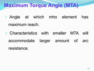 Maximum Torque Angle (MTA)
• Angle at which mho element has
maximum reach.
• Characteristics with smaller MTA will
accommodate larger amount of arc
resistance.
57
 