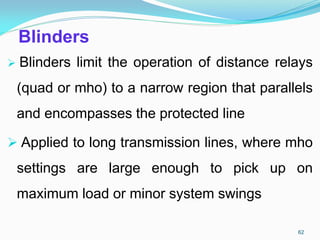 Blinders
 Blinders limit the operation of distance relays
(quad or mho) to a narrow region that parallels
and encompasses the protected line
 Applied to long transmission lines, where mho
settings are large enough to pick up on
maximum load or minor system swings
62
 