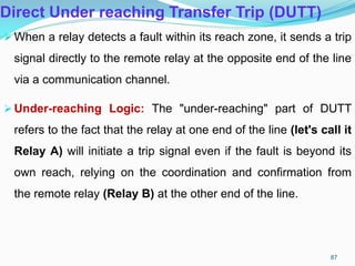 Direct Under reaching Transfer Trip (DUTT)
When a relay detects a fault within its reach zone, it sends a trip
signal directly to the remote relay at the opposite end of the line
via a communication channel.
Under-reaching Logic: The "under-reaching" part of DUTT
refers to the fact that the relay at one end of the line (let's call it
Relay A) will initiate a trip signal even if the fault is beyond its
own reach, relying on the coordination and confirmation from
the remote relay (Relay B) at the other end of the line.
87
 
