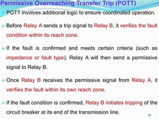 Permissive Overreaching Transfer Trip (POTT)
POTT involves additional logic to ensure coordinated operation.
Before Relay A sends a trip signal to Relay B, it verifies the fault
condition within its reach zone.
If the fault is confirmed and meets certain criteria (such as
impedance or fault type), Relay A will then send a permissive
signal to Relay B.
Once Relay B receives the permissive signal from Relay A, it
verifies the fault within its own reach zone.
If the fault condition is confirmed, Relay B initiates tripping of the
circuit breaker at its end of the transmission line. 96
 