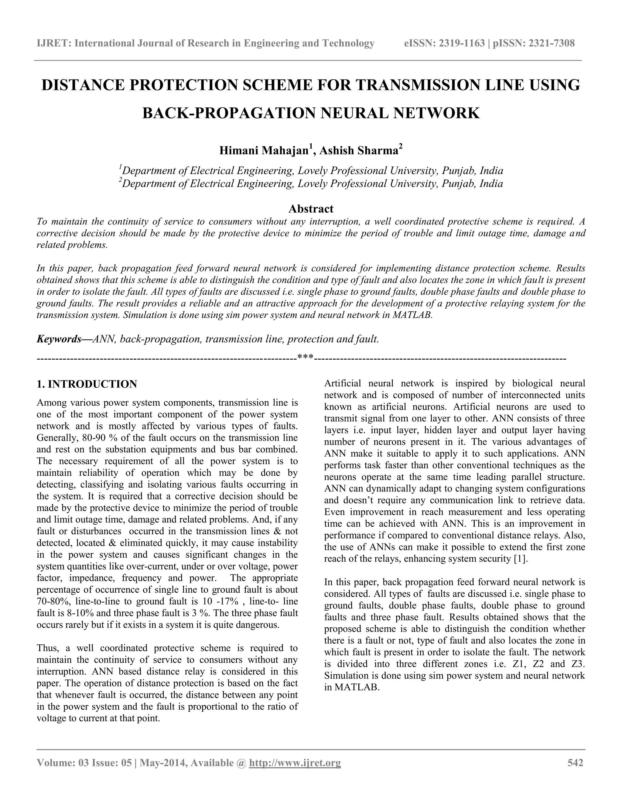 Distance protection scheme for transmission line using back propagation ...