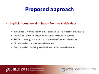 Proposed approach

• Implicit boundary simulation from available data

   –   Calculate the distance of each sample to the nearest boundary
   –   Transform the calculated distances into normal scores
   –   Perform variogram analysis of the transformed distances
   –   Simulate the transformed distances
   –   Truncate the resulting realisations to the zero distance
 