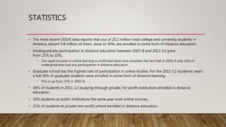 STATISTICS
• The most recent (2014) data reports that out of 20.2 million total college and university students in
America, almost 5.8 million of them, close to 30%, are enrolled in some form of distance education.
• Undergraduate participation in distance education between 2007-8 and 2011-12 grew
from 21% to 32%.
• The rapid increase in online learning is confirmed when one considers the fact that in 2003-4 only 16% of
undergraduates had any participation in distance education.
• Graduate school has the highest rate of participation in online studies. For the 2011-12 academic years
a full 36% of graduate students were enrolled in some form of distance learning.
• This is up from 23% in 2007-8.
• 36% of students in 2011-12 studying through private, for-profit institutions enrolled in distance
education.
• 33% students at public institutions the same year took online courses.
• 21% of students at private non-profit school enrolled in distance education.
 