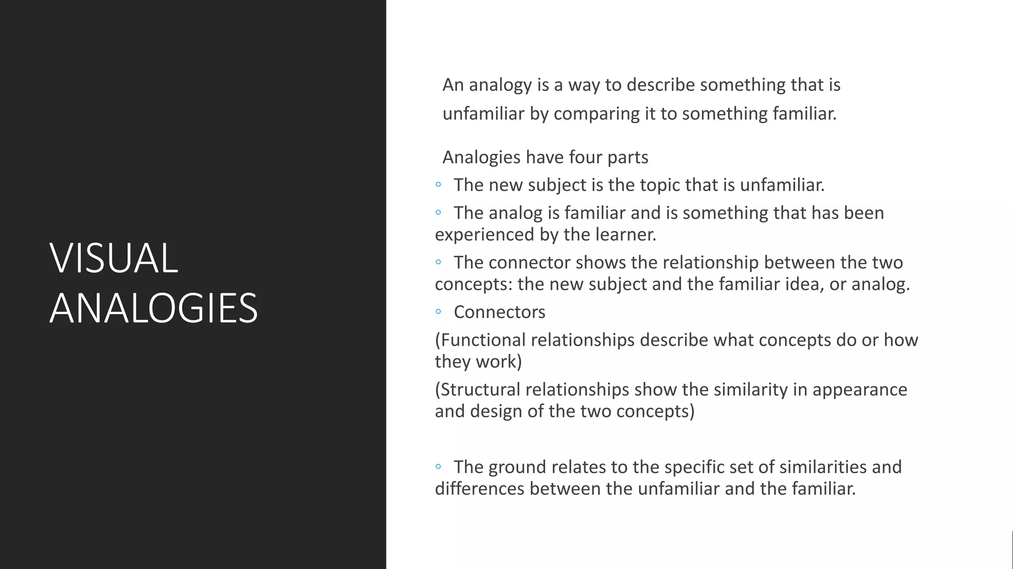 VISUAL
ANALOGIES
An analogy is a way to describe something that is
unfamiliar by comparing it to something familiar.
Analogies have four parts
◦ The new subject is the topic that is unfamiliar.
◦ The analog is familiar and is something that has been
experienced by the learner.
◦ The connector shows the relationship between the two
concepts: the new subject and the familiar idea, or analog.
◦ Connectors
(Functional relationships describe what concepts do or how
they work)
(Structural relationships show the similarity in appearance
and design of the two concepts)
◦ The ground relates to the specific set of similarities and
differences between the unfamiliar and the familiar.
 