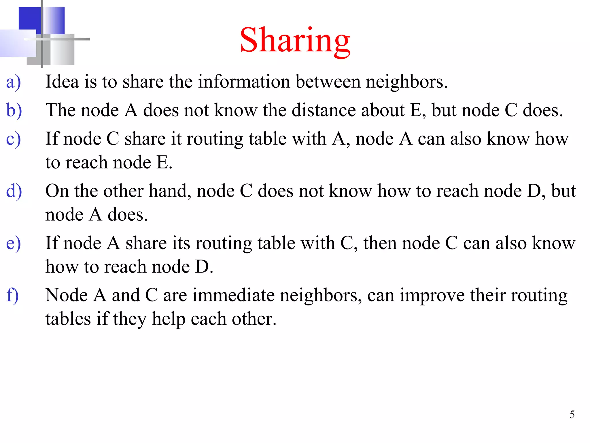 Sharing
a)
b)
c)
d)
e)
f)

Idea is to share the information between neighbors.
The node A does not know the distance about E, but node C does.
If node C share it routing table with A, node A can also know how
to reach node E.
On the other hand, node C does not know how to reach node D, but
node A does.
If node A share its routing table with C, then node C can also know
how to reach node D.
Node A and C are immediate neighbors, can improve their routing
tables if they help each other.

5

 