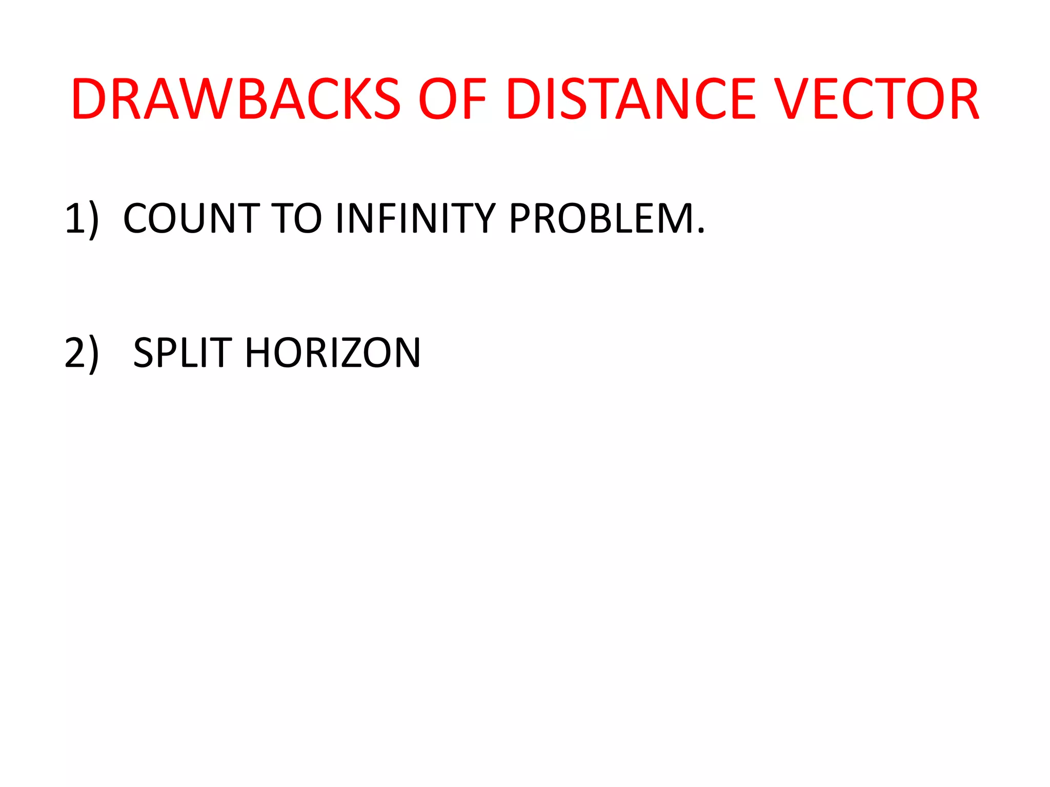 DRAWBACKS OF DISTANCE VECTOR
1) COUNT TO INFINITY PROBLEM.
2) SPLIT HORIZON
 