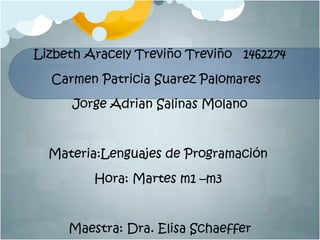 Lizbeth Aracely Treviño Treviño 1462274
Carmen Patricia Suarez Palomares
Jorge Adrian Salinas Molano
Materia:Lenguajes de Programación
Hora: Martes m1 –m3
Maestra: Dra. Elisa Schaeffer
 