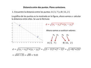 Distancia entre dos puntos. Plano cartesiano.
1. Encuentre la distancia entre los puntos: A ( 3, 7 ) y B ( 11, 2 )
La gráfica de los puntos es la mostrada en la figura, ahora vamos a calcular
la distancia entre ellos. Se usa la fórmula:
𝑑 = (𝑥1 − 𝑥2)2+(𝑦1 − 𝑦2)2
Ahora vamos a sustituir valores:
𝑥1 𝑦1 𝑥2 𝑦2
A ( 3, 7 ) B ( 11, 2 )
𝑑 = (𝑥1 − 𝑥2)2+(𝑦1 − 𝑦2)2 = (3 − 11)2+(7 − 2)2 = (−8)2+(5)2
= 64 + 25 = 89 = 9.43
 