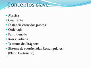 Conceptos clave
 Abscisa
 Cuadrante
 Distancia entre dos puntos
 Ordenada
 Par ordenado
 Raíz cuadrada
 Teorema de Pitágoras
 Sistema de coordenadas Rectangulares
(Plano Cartesiano)
 