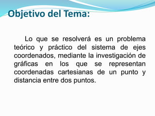 Objetivo del Tema:
Lo que se resolverá es un problema
teórico y práctico del sistema de ejes
coordenados, mediante la investigación de
gráficas en los que se representan
coordenadas cartesianas de un punto y
distancia entre dos puntos.
 