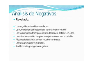 Análisis de Negativos
 Revelado.

 Los negativo están bien revelados.
 La numeración del negativo se ve totalmente nítido.
 Las sombras son transparentes se diferencia detalles en ellas.
 Las altas luces están muy oscuras pero conservan el detalle.
 Algunos fotogramas tienen mucho contraste.
 Los fotogramas se ven nítidos.
 Se diferencia gran gama de grises.
 