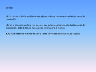donde:


dh: la distancia horizontal (en metros) que se debe respetar en todas las zonas de
circulación.

 dv: es la distancia vertical (en metros) que debe respetarse en todas las zonas de
circulación. Esta distancia nunca debe ser menor a 3 metros.

d ft: es la distancia mínima de fase a tierra correspondiente al BIL de la zona.
 