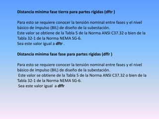 Distancia mínima fase tierra para partes rígidas (dftr )

Para esto se requiere conocer la tensión nominal entre fases y el nivel
básico de impulso (BIL) de diseño de la subestación.
Este valor se obtiene de la Tabla 5 de la Norma ANSI C37.32 o bien de la
Tabla 32-1 de la Norma NEMA SG-6.
Sea este valor igual a dftr .

Distancia mínima fase fase para partes rígidas (dffr )

Para esto se requiere conocer la tensión nominal entre fases y el nivel
básico de impulso (BIL) de diseño de la subestación.
 Este valor se obtiene de la Tabla 5 de la Norma ANSI C37.32 o bien de la
Tabla 32-1 de la Norma NEMA SG-6.
 Sea este valor igual a dffr
 