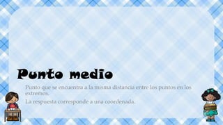 Punto medio
Punto que se encuentra a la misma distancia entre los puntos en los
extremos.
La respuesta corresponde a una coordenada.
 