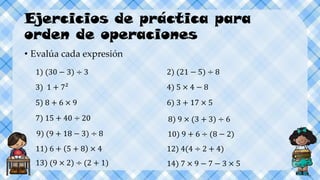 Ejercicios de práctica para
orden de operaciones
• Evalúa cada expresión
1) (30 − 3) ÷ 3 2) (21 − 5) ÷ 8
3) 1 + 7² 4) 5 × 4 − 8
5) 8 + 6 × 9 6) 3 + 17 × 5
7) 15 + 40 ÷ 20 8) 9 × (3 + 3) ÷ 6
9) (9 + 18 − 3) ÷ 8 10) 9 + 6 ÷ (8 − 2)
11) 6 + 5 + 8 × 4 12) 4(4 ÷ 2 + 4)
13) (9 × 2) ÷ (2 + 1) 14) 7 × 9 − 7 − 3 × 5
 