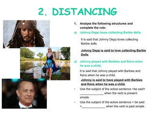 1. Analyse the following structures and
complete the rule:
a) Johnny Depp loves collecting Barbie dolls.
It is said that Johnny Depp loves collecting
Barbie dolls.
Johnny Depp is said to love collecting Barbie
Dolls.
a) Johnny played with Barbies and Kens when
he was a child.
It is said that Johnny played with Barbies and
Kens when he was a child.
Johnny is said to have played with Barbies
and Kens when he was a child.
- Use the subject of the active sentence +be said+
______________ when the verb is present
simple.
- Use the subject of the active sentence + be said
+______________ when the verb is past simple.
2. DISTANCING
 