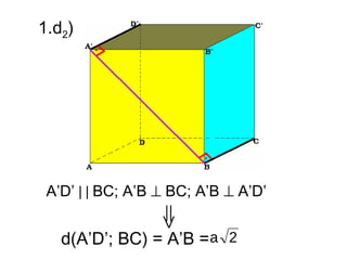 1.d2)




 A’D’ | | BC; A’B ⊥ BC; A’B ⊥ A’D’


   d(A’D’; BC) = A’B = a 2
 