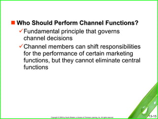 Who Should Perform Channel Functions? Fundamental principle that governs channel decisions Channel members can shift responsibilities for the performance of certain marketing functions, but they cannot eliminate central functions 
