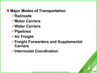 Major Modes of Transportation Railroads Motor Carriers Water Carriers Pipelines Air Freight Freight Forwarders and Supplemental Carriers Intermodal Coordination 