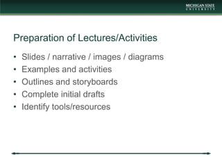 Preparation of Lectures/Activities
•   Slides / narrative / images / diagrams
•   Examples and activities
•   Outlines and...