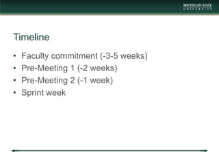 Timeline
•   Faculty commitment (-3-5 weeks)
•   Pre-Meeting 1 (-2 weeks)
•   Pre-Meeting 2 (-1 week)
•   Sprint week
 